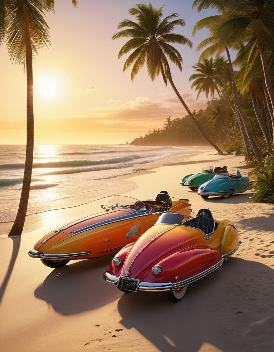 A vibrant beach scene featuring colorful surfboards lining the shore, stylish models in trendy beach fashion showcasing the latest coastal styles, vintage sidecars parked with tropical decorations, palm trees swaying in the background, and the sun setting over the ocean creating a warm glow. super-realistic. vibrant colors. tropical vibe.