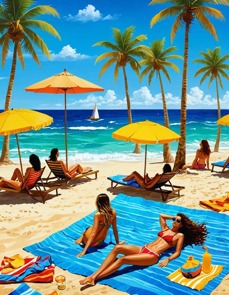 A vibrant beach scene showcasing diverse models in various stylish bikinis enjoying summer fun, splashing in the waves, lounging on colorful beach towels, and under palm trees, with a bright blue sky and golden sun in the background. Include elements like surfboards, beach umbrellas, and playful sea creatures for added excitement. Use a tropical color palette for an energetic, sunny vibe. super-realistic. vibrant colors. sunny beach background.
